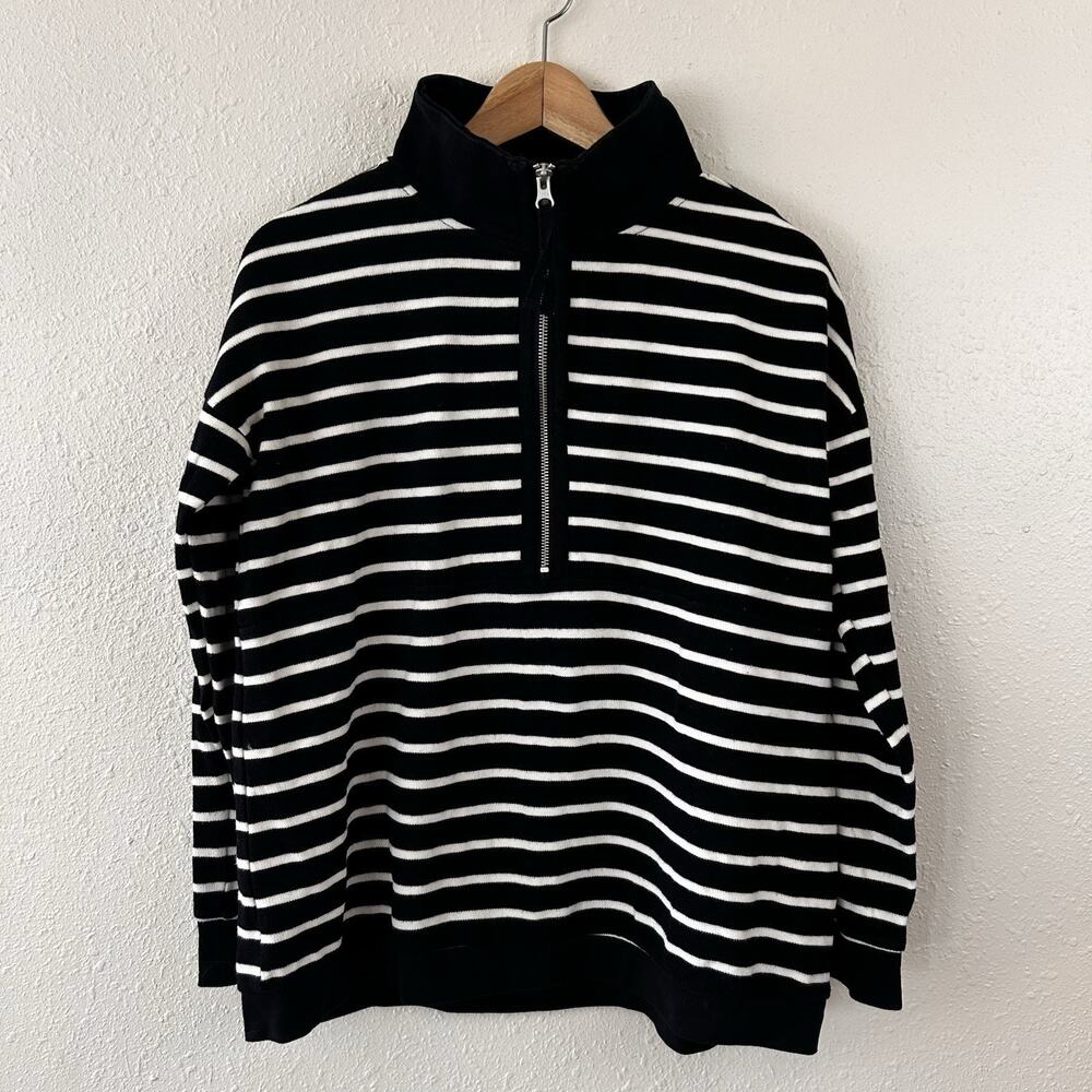Black & White Striped Half-Zip Pullover Top